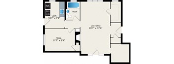 A floor plan of a house with a reference, a cooking area, a washbasin, a sleeping area, and a living/dining area.