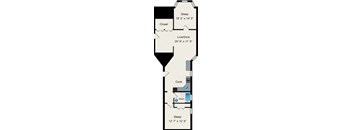 A floor plan of a small apartment with two bedrooms, a living room, a kitchen, and a closet.