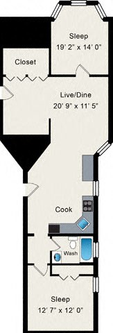 A floor plan of a small apartment with two bedrooms, a living room, a kitchen, and a closet.