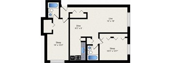 A floor plan of a house with a living room, dining room, and two bedrooms.