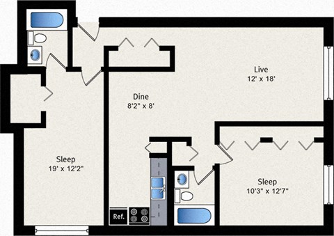 A floor plan of a house with a living room, dining room, and two bedrooms.