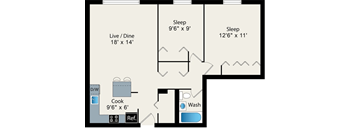 A floor plan of a small apartment with two bedrooms, a living room, a kitchen, a bathroom, and a reference area.