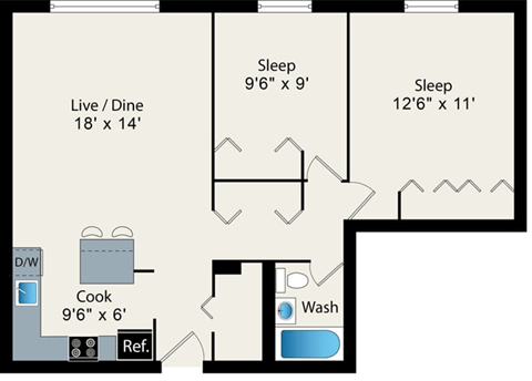 A floor plan of a small apartment with two bedrooms, a living room, a kitchen, a bathroom, and a reference area.