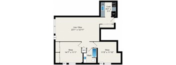 A floor plan of a house with a live/dine area, two bedrooms, and a kitchen.