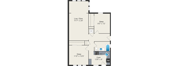 A floor plan of a small apartment with a sleeping area, a cooking area, and a combined living and dining area.