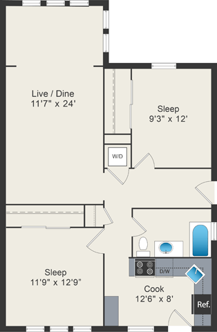 A floor plan of a small apartment with a sleeping area, a cooking area, and a combined living and dining area.