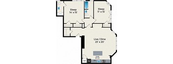 A floor plan of a house with two bedrooms, a living room, and a kitchen.