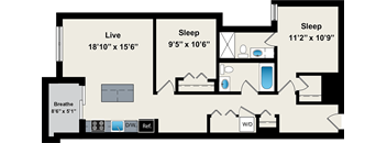 A floor plan of a house with a living area, two bedrooms, a bathroom, and a kitchen.