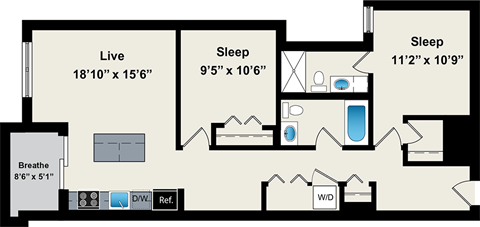A floor plan of a house with a living area, two bedrooms, a bathroom, and a kitchen.