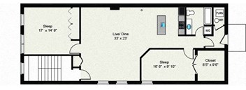 A floor plan of a room with two sleeping areas and a living area.