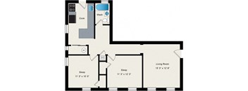 A floor plan of a small apartment with a living room, two sleeping areas, a kitchen, and a bathroom.