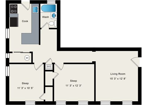 A floor plan of a small apartment with a living room, two sleeping areas, a kitchen, and a bathroom.