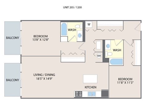 A floor plan of a unit with a living room, two bedrooms, a kitchen, and two balconies.