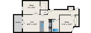 A floor plan of a house with three bedrooms, a living room, a bathroom, and a kitchen.