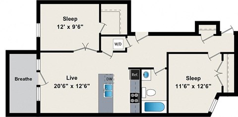 A floor plan of a house with three bedrooms, a living room, a bathroom, and a kitchen.