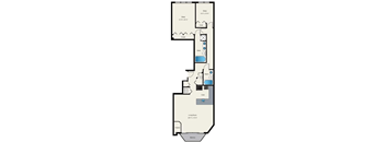 A floor plan of a house with a bedroom, bathroom, kitchen, living room, and balcony.
