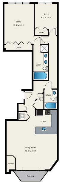 A floor plan of a house with a bedroom, bathroom, kitchen, living room, and balcony.