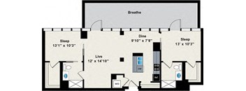 A floor plan of a small apartment with a living room, two bedrooms, a dining area, and a bathroom.