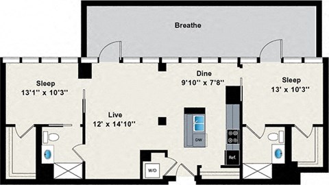 A floor plan of a small apartment with a living room, two bedrooms, a dining area, and a bathroom.