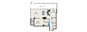 A floor plan of a small apartment with a sleeping area, a living area, and a kitchen.