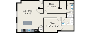 A floor plan of a house with two bedrooms, a living room, and a dining room.