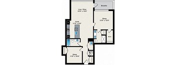 A floor plan of a small apartment with a sleeping area, a cooking area, a living room/dining area, and a bathroom.
