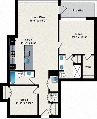 A floor plan of a small apartment with a sleeping area, a cooking area, a living room/dining area, and a bathroom.