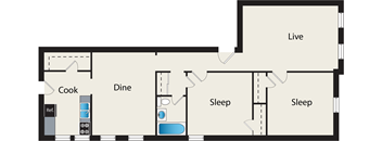 A floor plan of a house with a kitchen, dining area, and two bedrooms.