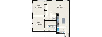 A floor plan of a small apartment with two bedrooms and a living area.