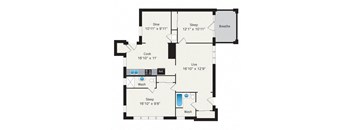 A floor plan of a house with a dining room, kitchen, sleeping area, and bathroom.