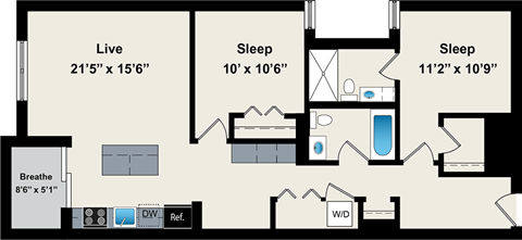 A floor plan of a two bedroom apartment with a living area, a bathroom, and a kitchen.
