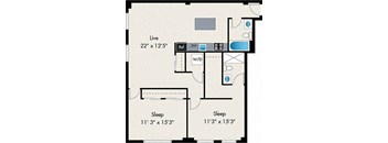 A floor plan of a small apartment with a living area, a bathroom, and two bedrooms.