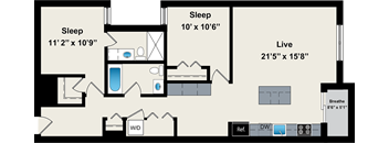 A diagram shows the layout of a living space with two sleeping areas and a living area.