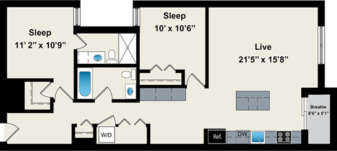 A diagram shows the layout of a living space with two sleeping areas and a living area.