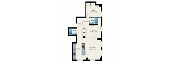 A floor plan of a house with two bedrooms, a bathroom, a kitchen, and a living room.