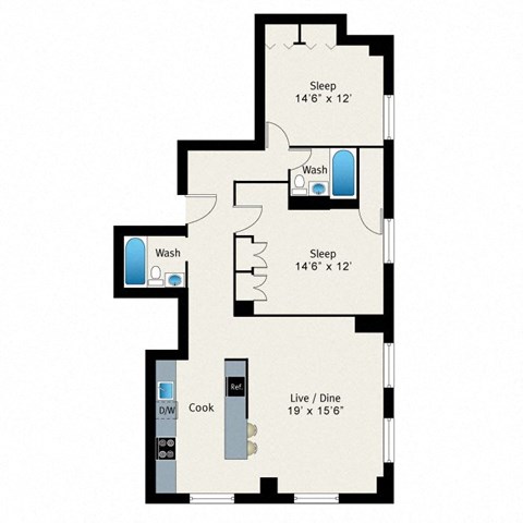 A floor plan of a house with two bedrooms, a bathroom, a kitchen, and a living room.