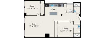 A floor plan of a house with two bedrooms, a living room, a kitchen, and a bathroom.