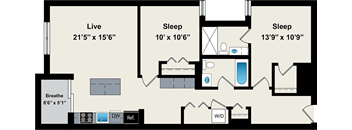 A floor plan of a house with a living room, two bedrooms, a bathroom, and a kitchen.