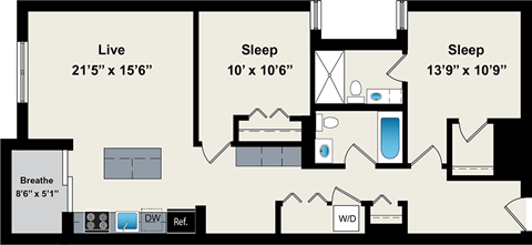 A floor plan of a house with a living room, two bedrooms, a bathroom, and a kitchen.