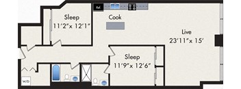 A floor plan of a house with three bedrooms, a living room, a kitchen, and a bathroom.