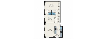 A floor plan of a small apartment with a sleeping area, a living area, and a kitchen.