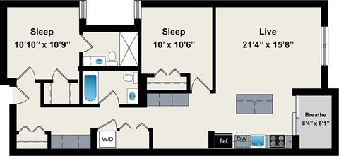 A floor plan of a house with three bedrooms, a living room, a bathroom, a kitchen, and a den.
