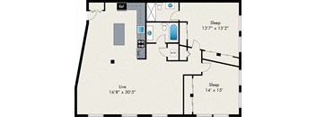 A floor plan shows a living area of 16'8" x 30'5" and two sleeping areas, one 13'7" x 15'2" and the other 14' x 