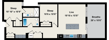 A floor plan of a house with three bedrooms, a living room, and a bathroom.