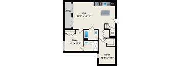 A floor plan of a living space with a live area, two sleeping areas, and a bathroom.