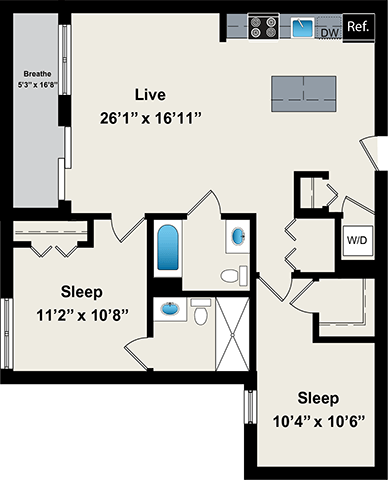 A floor plan of a living space with a live area, two sleeping areas, and a bathroom.