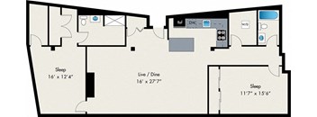 A floor plan of an apartment with three bedrooms, a living room, a dining room, a kitchen, and a bathroom.
