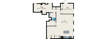 A floor plan shows two bedrooms, one is 8'11" x 20'10" and the other is 11'5" x 11'10", a living room that is 28