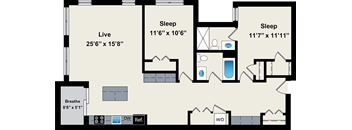 A floor plan of a house with a living room, two bedrooms, a bathroom, and a kitchen.