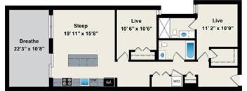 A floor plan of a house with a Breathe room, a Sleep room, and two Live rooms.